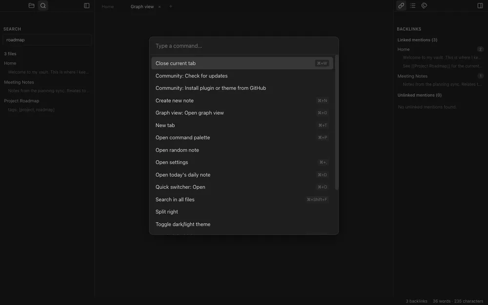 The command palette open with fuzzy-matched commands