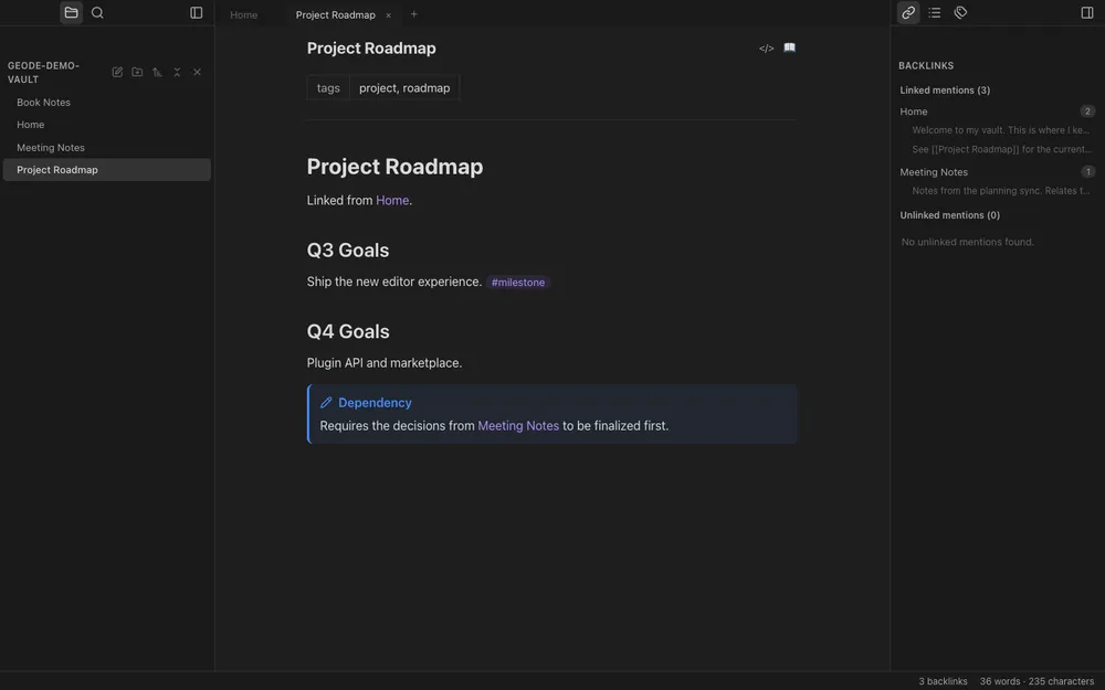 Reading view showing callouts, embeds, highlights, tables, and task lists