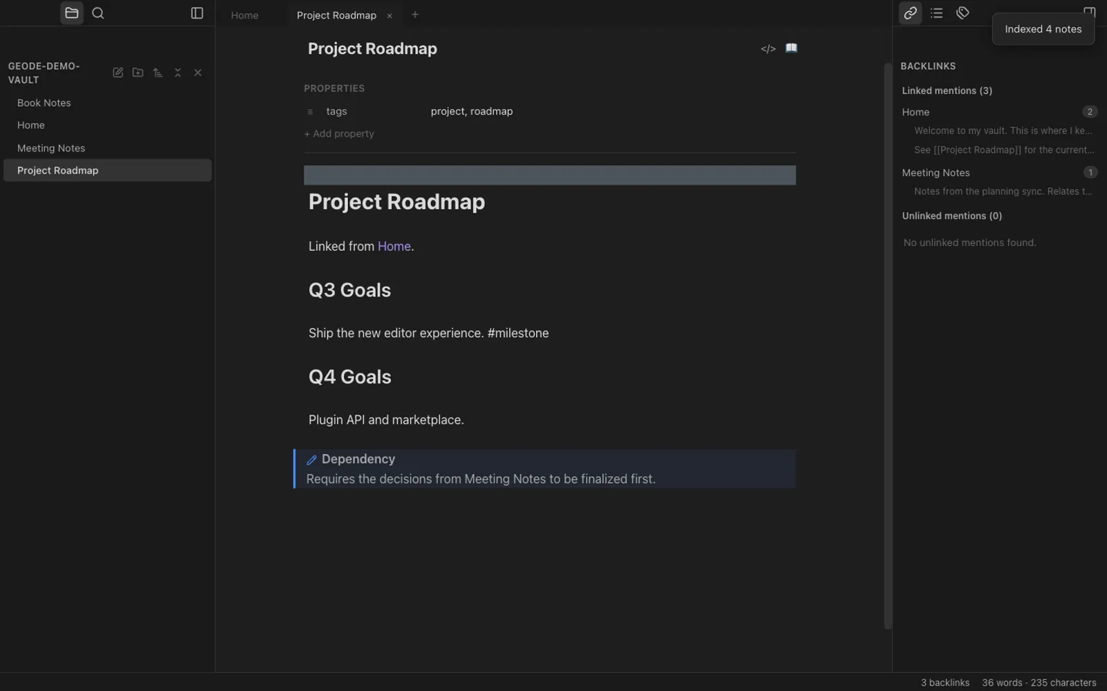 Geode's vault open in the editor, showing Live Preview with wikilinks and the file tree