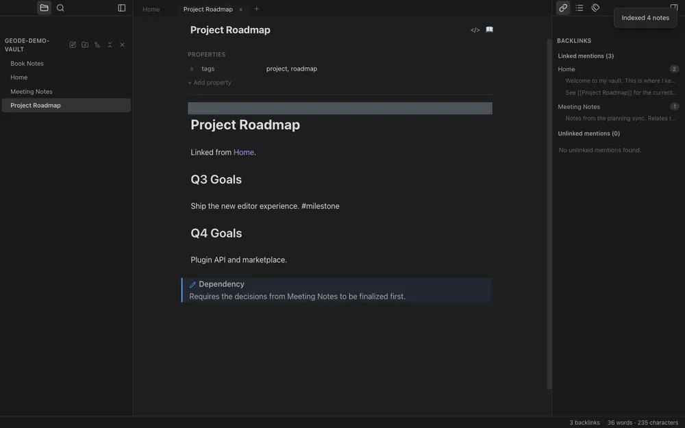 A vault open in the Geode editor, with Live Preview rendering and the file tree visible